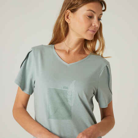 Women's Short-Sleeved Straight-Cut V-Neck Cotton Fitness T-Shirt 515 - Verdigris