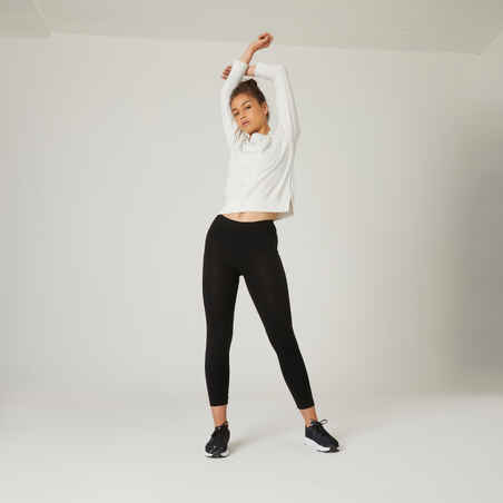 Women's Long-Sleeved Straight-Cut Crew Neck Cotton Fitness T-Shirt 500 - Off-White
