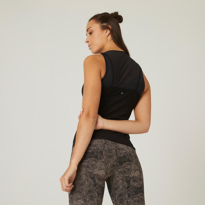 Camiseta fitness sin mangas algodón con sujetador integrado Mujer negro