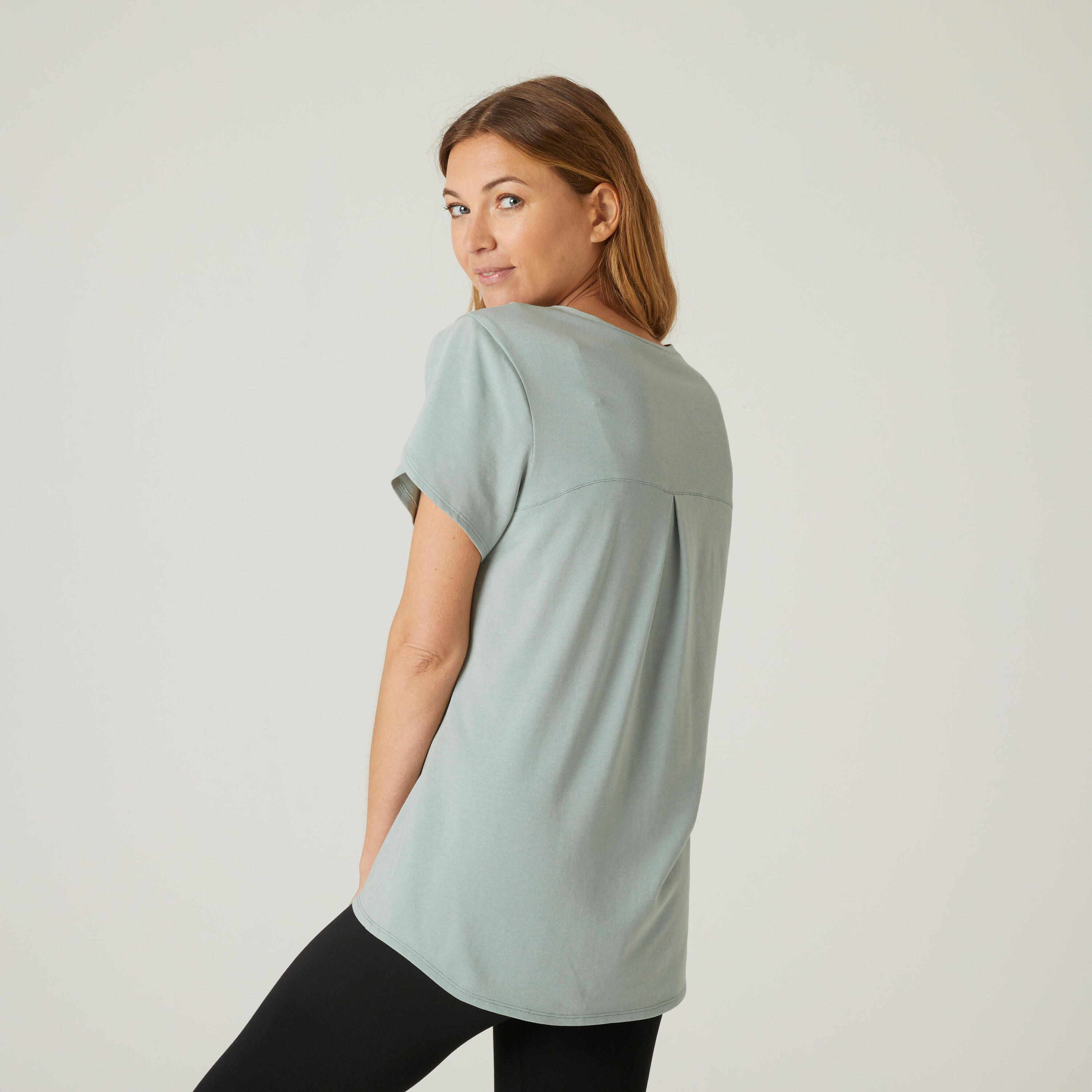 Women's Short-Sleeved Straight-Cut V-Neck Cotton Fitness T-Shirt 515 - Verdigris 2/7