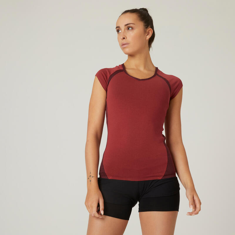 T-shirt voor fitness dames mesh stretch katoen V-hals bordeaux