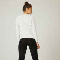 Women's Long-Sleeved Straight-Cut Crew Neck Cotton Fitness T-Shirt 500 - Off-White