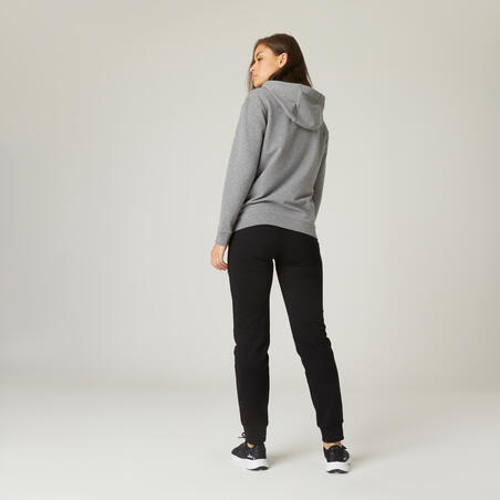 Pantalón de fitness tipo jogger de corte recto para mujer - Algodón - Bolsillo - 500 - Negro 