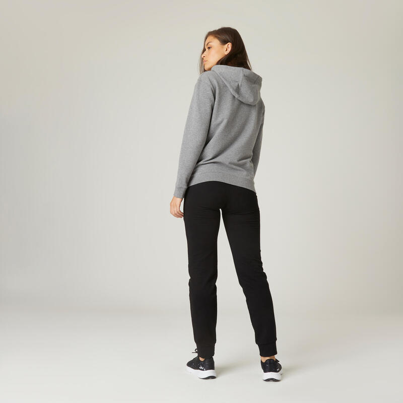 Joggingbroek voor fitness dames katoen recht model met zak 500 zwart