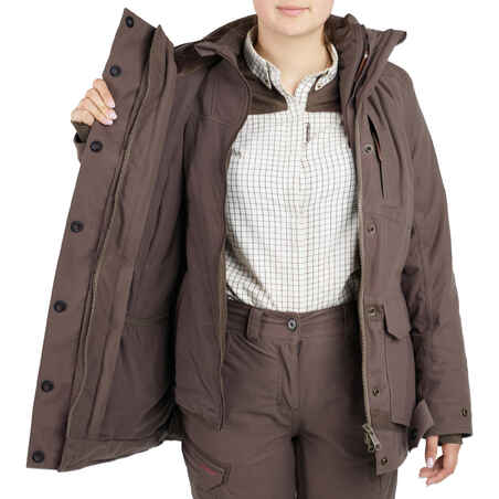 HUNTING WOMEN’S 3-IN-1 WARM WATERPROOF JACKET 500 - BROWN