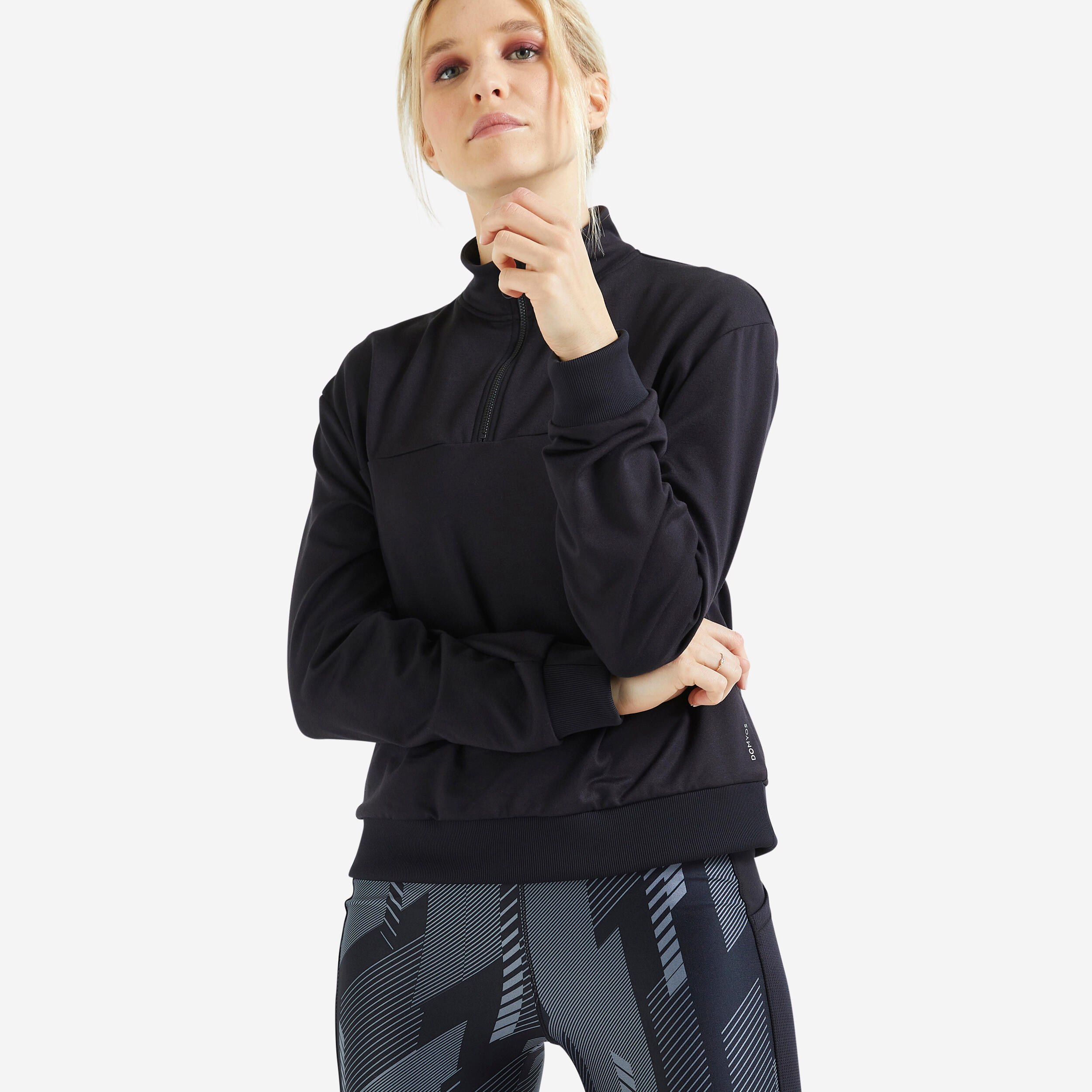 Women's Cropped Long-Sleeved Fitness Cardio Sweatshirt - Black 1/4