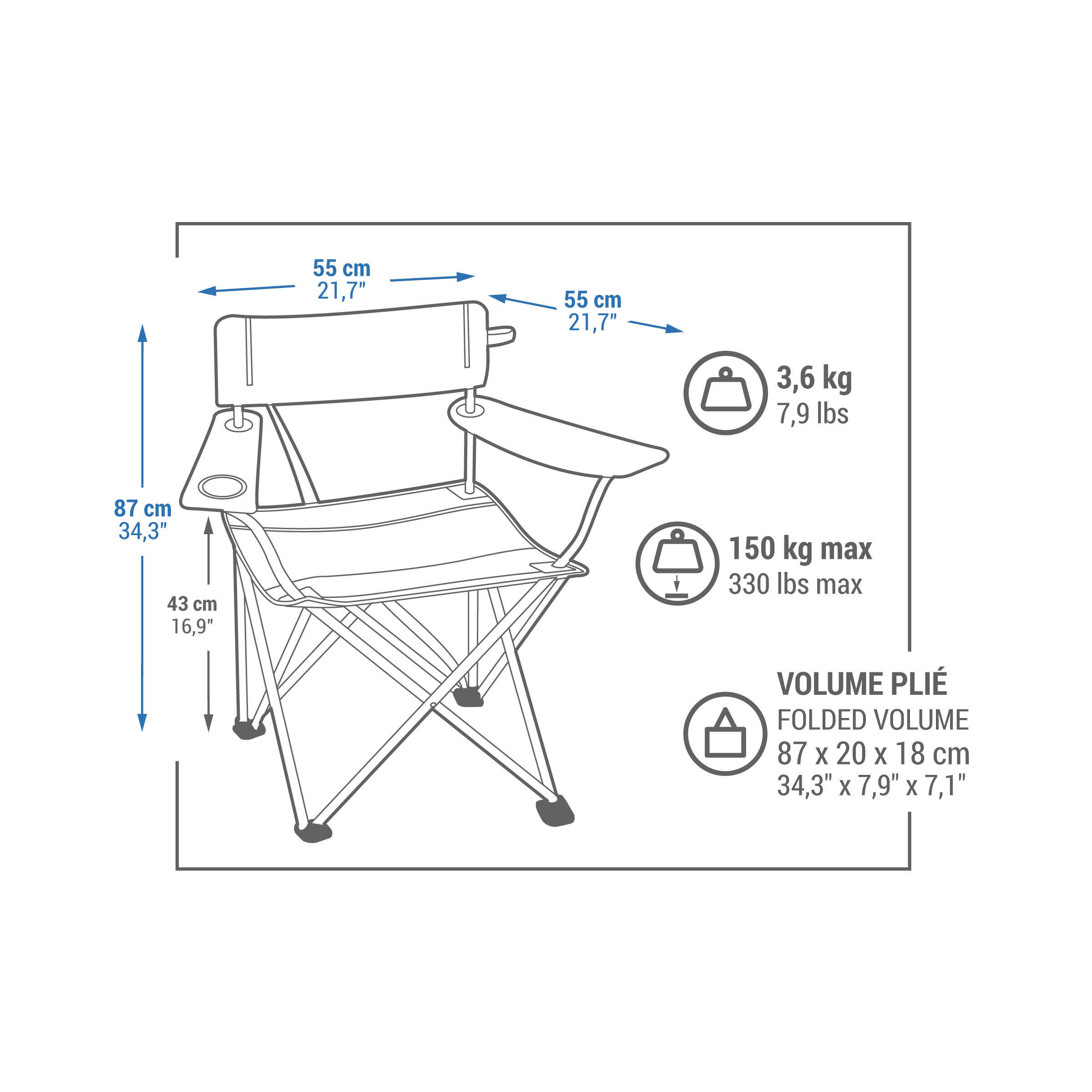 Camping Chair XL Foldable with Armrest up to 150 Kg - Lunar Grey -  3