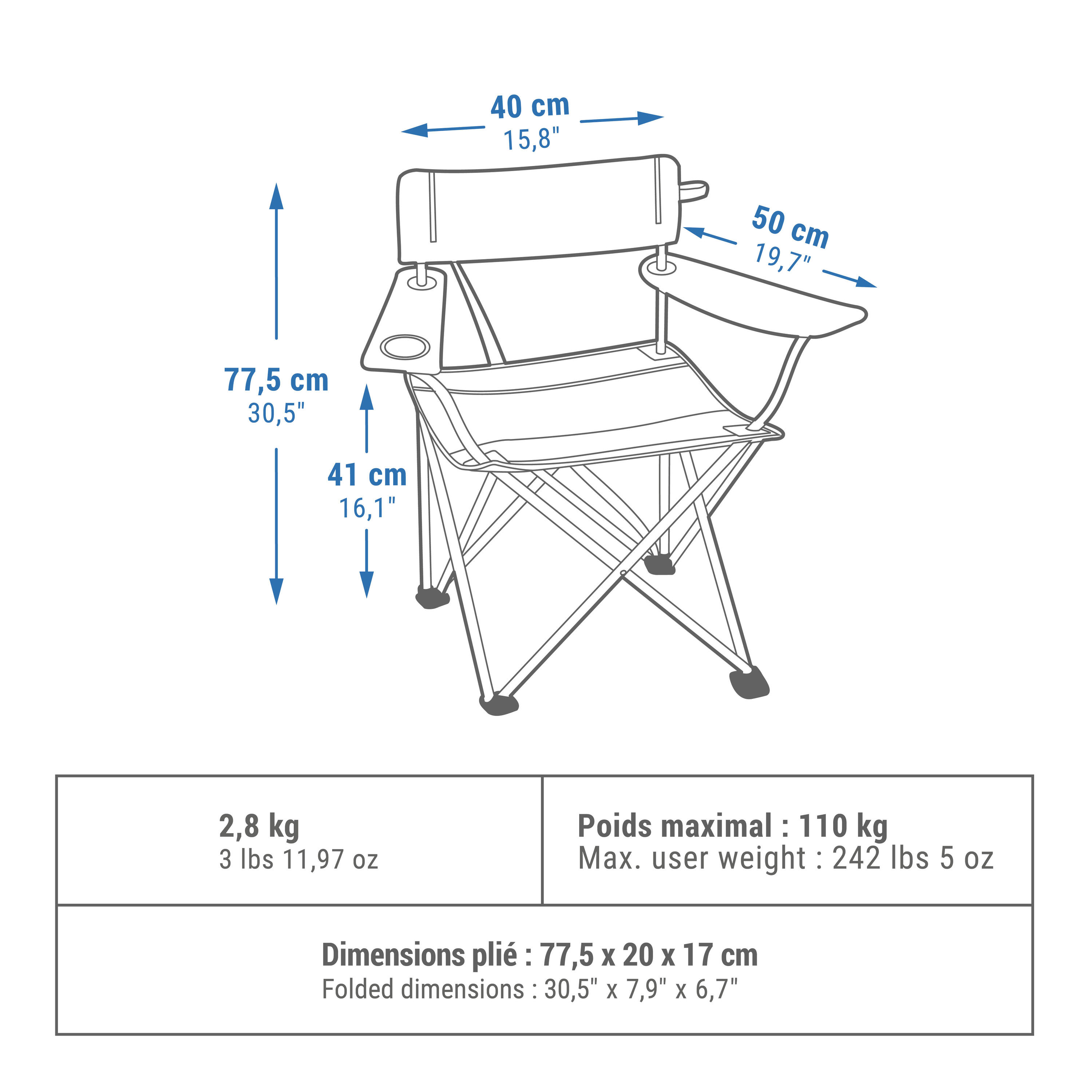 Sedia campeggio pieghevole con braccioli BASIC blu 2/14