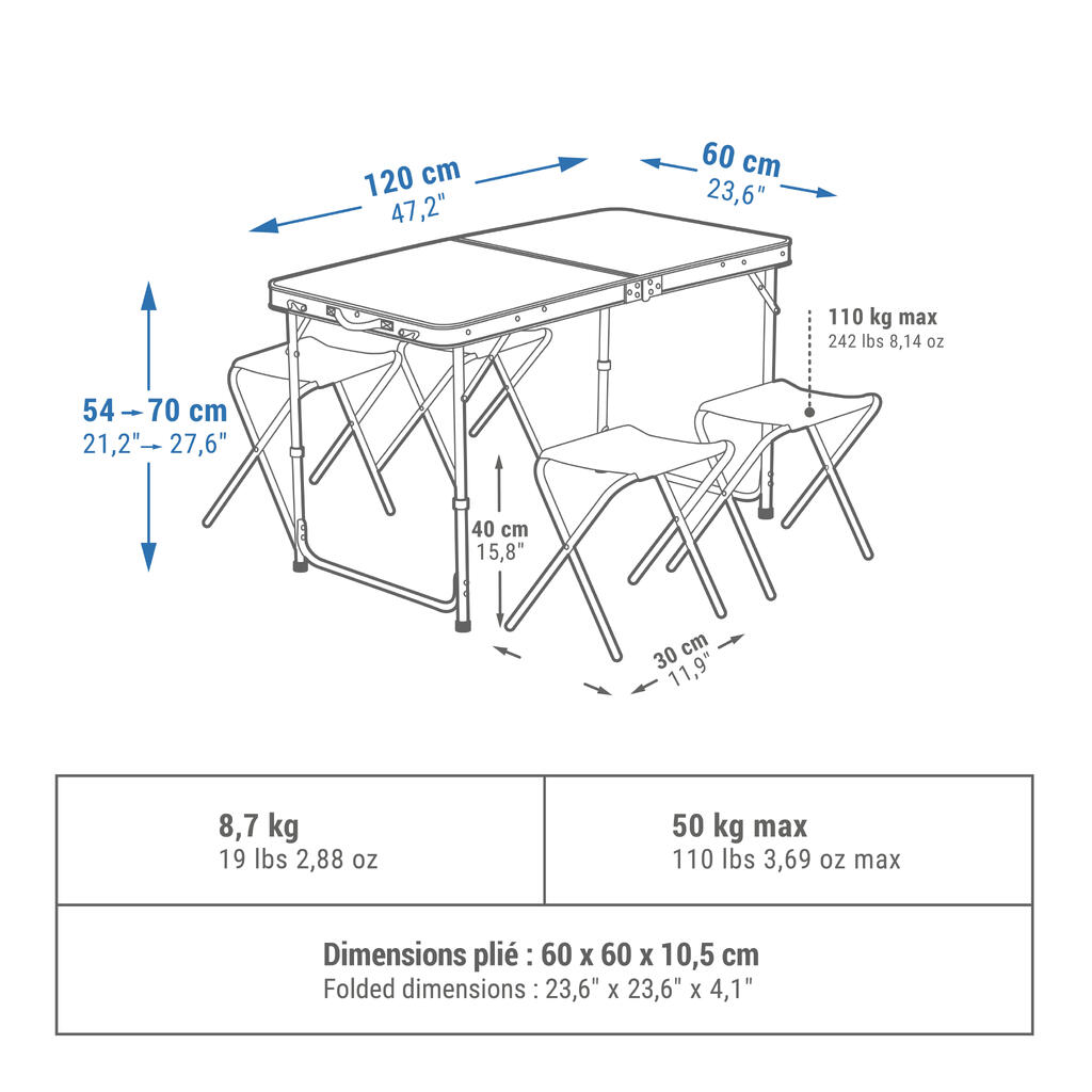 Salokāms kempinga galds ar 4 krēsliem, 4–6 personām