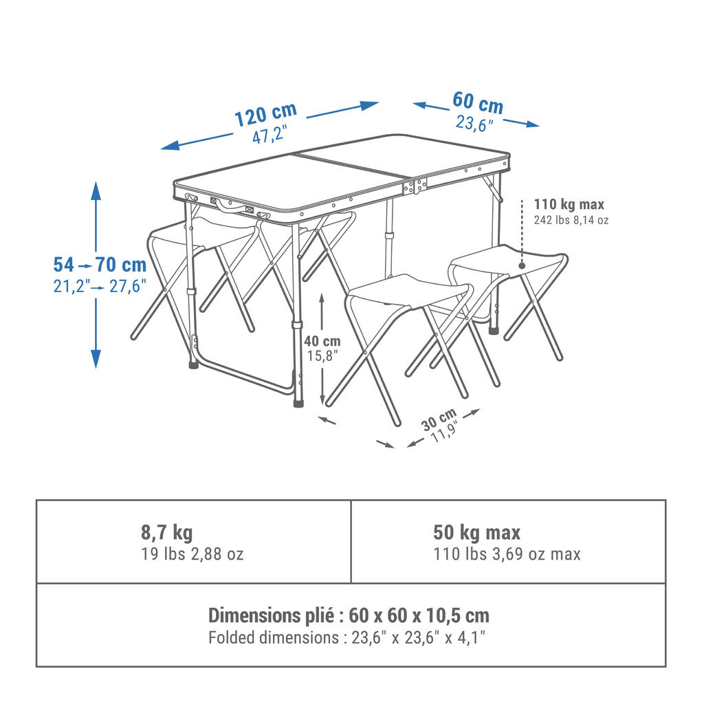 TABLE DE CAMPING PLIANTE - 4 TABOURETS - 4 À 6 PERSONNES - Bleu