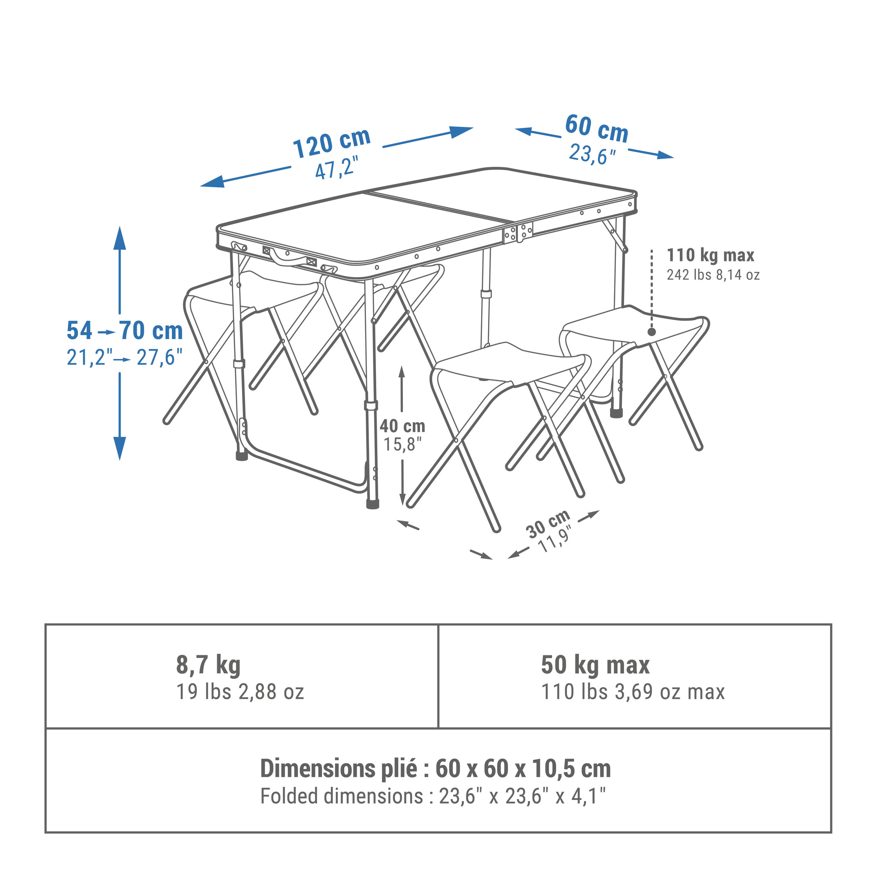 FOLDING CAMPING TABLE - 4 STOOLS - 4 TO 6 PEOPLE 2/11