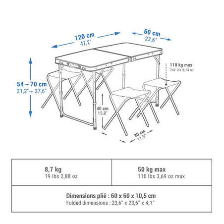 FOLDING CAMPING TABLE - 4 STOOLS - 4 TO 6 PEOPLE