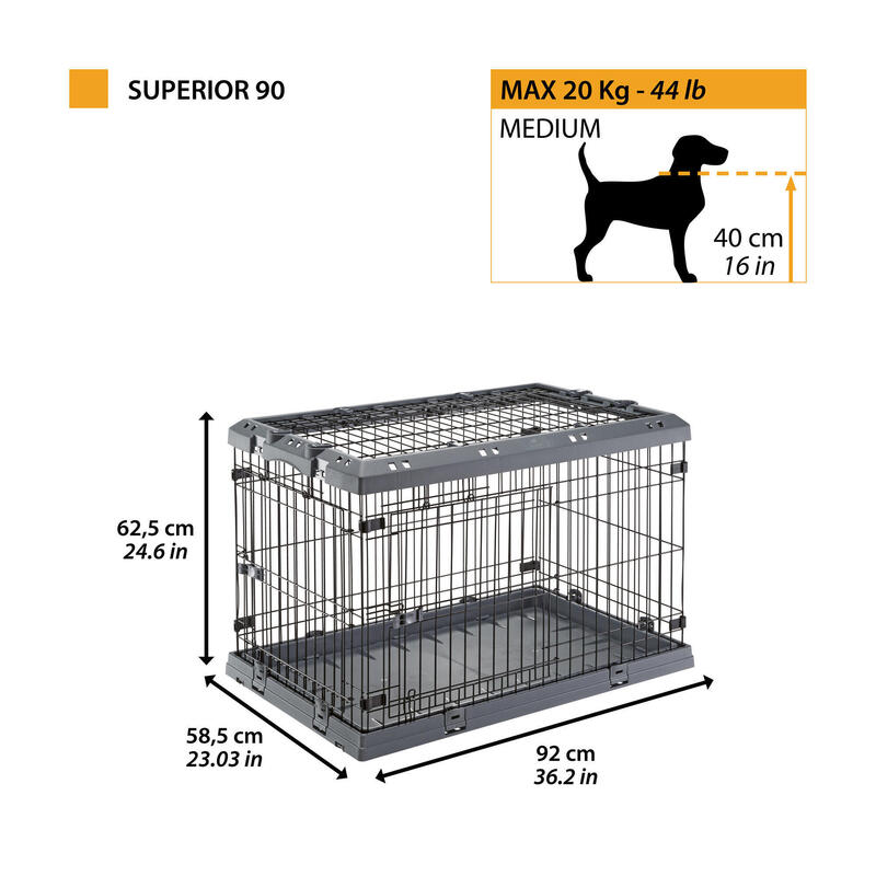 Kutyaszállító box, rácsos, összehajtható, SUPERIOR 90 L, 1 kutya számára 