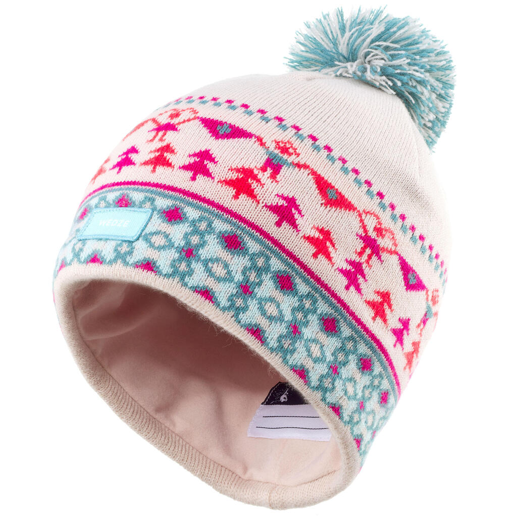 Detská lyžiarska žakárová čiapka ružovo-tyrkysová