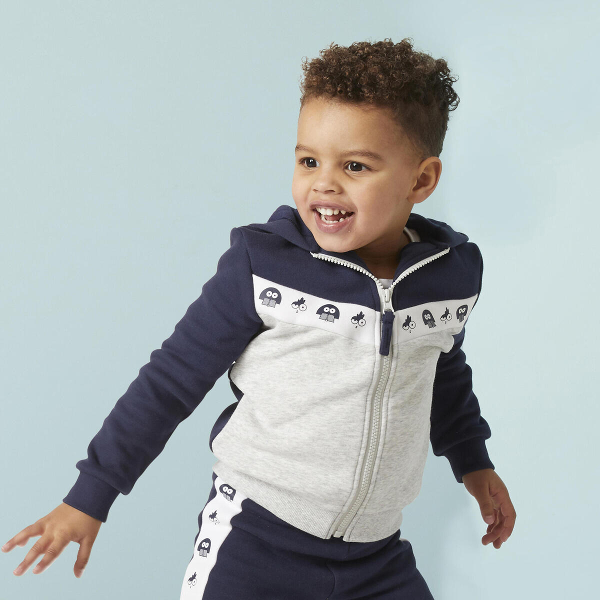 Sweat Zippé bébé Basique, grise et bleu avec motifs