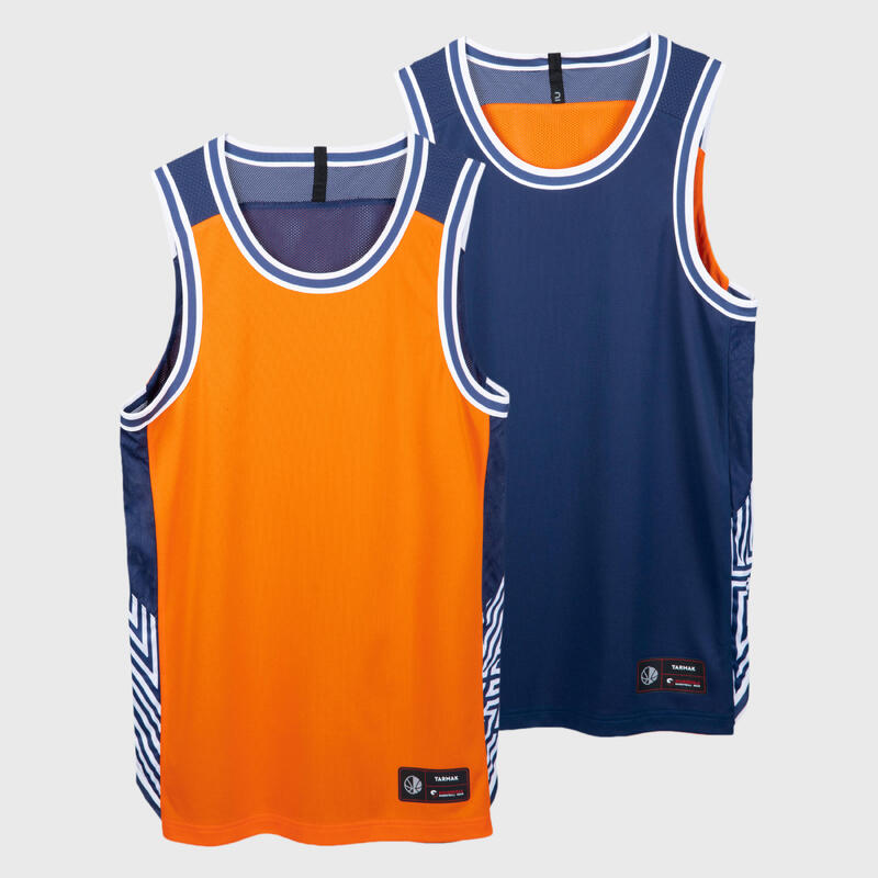 男款雙面籃球背心T500R - 橘色配海軍藍
