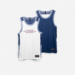 MAILLOT BASKETBALL SANS MANCHE REVERSIBLE HOMME/FEMME -  T500R BLANC MARINE USA