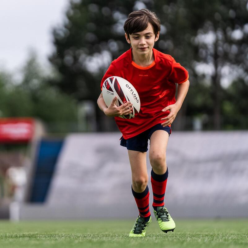 Rugby-Stutzenstrümpfe R500 hoch Kinder blau/rot