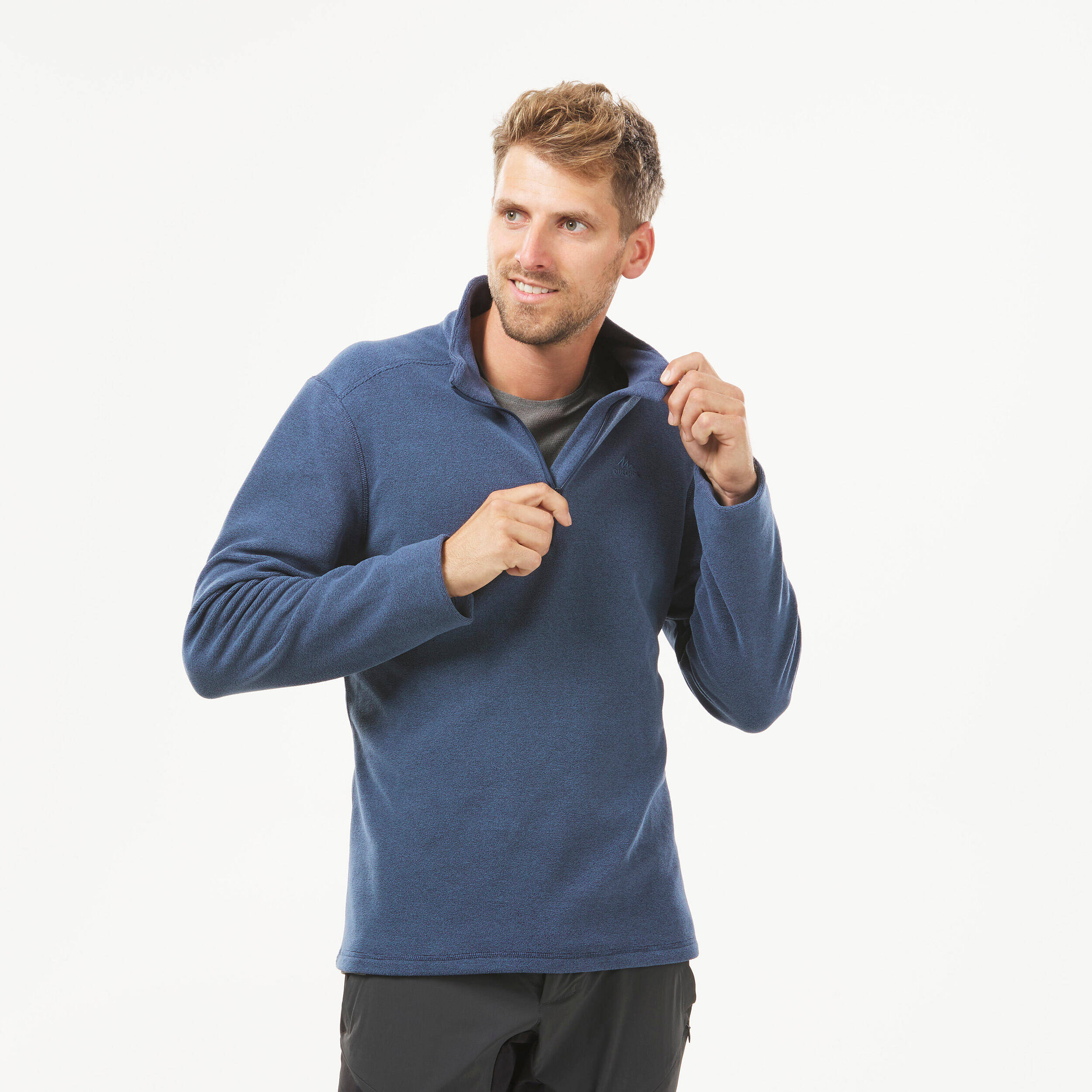 Men Sweater Half-Zip Fleece for Hiking MH100 Navy Blue -  1