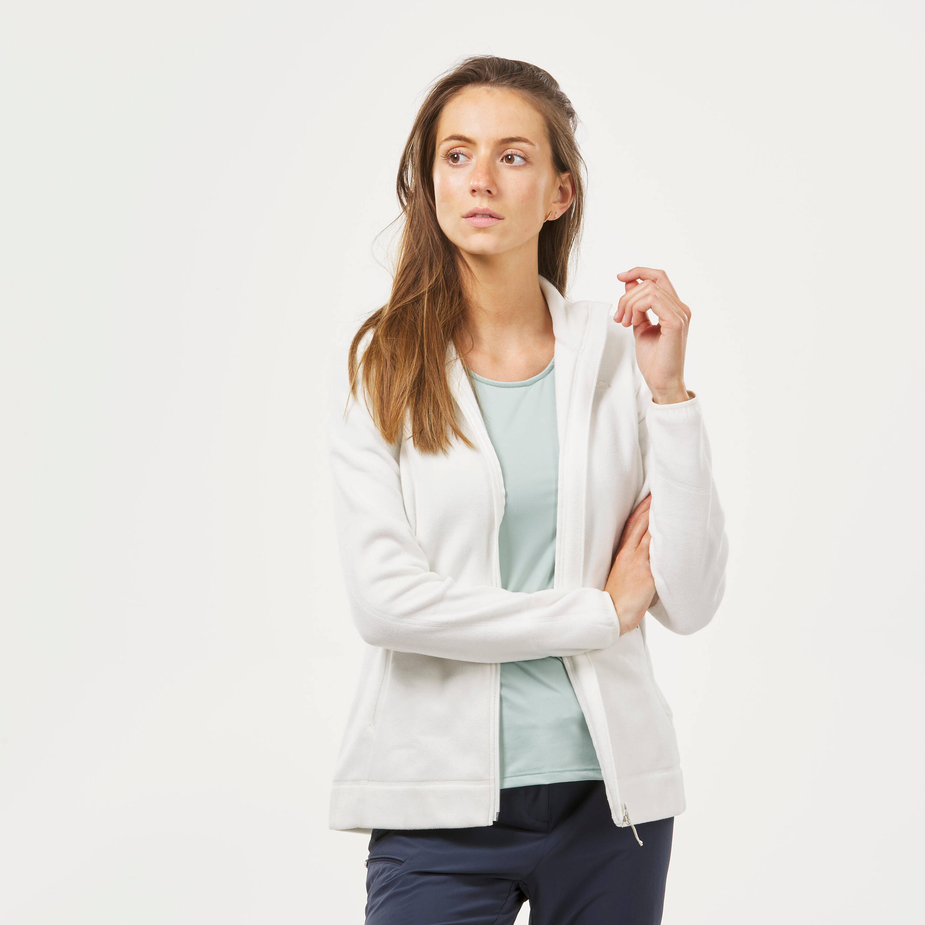 Women Sweater Full-Zip Fleece for Hiking MH100 White -  3