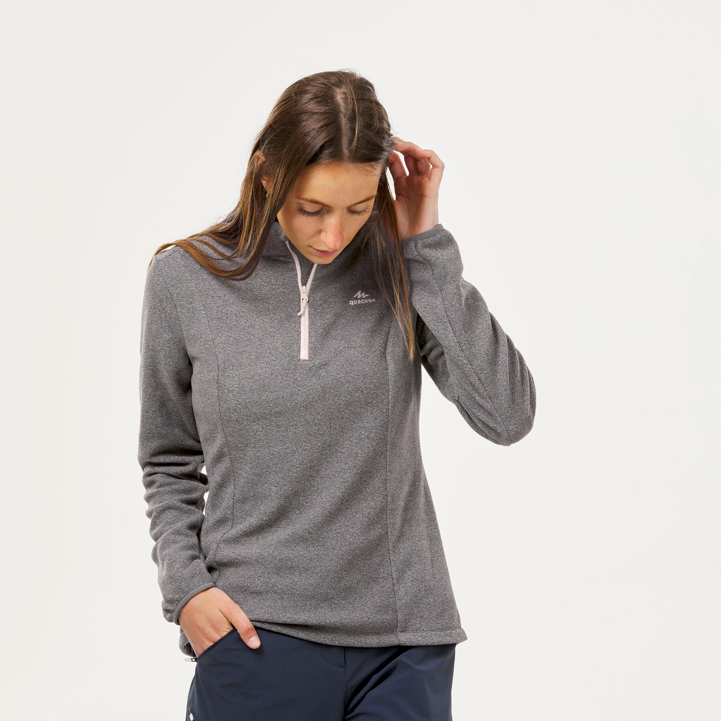 Women Sweater Half-Zip Fleece for Hiking MH100 Grey