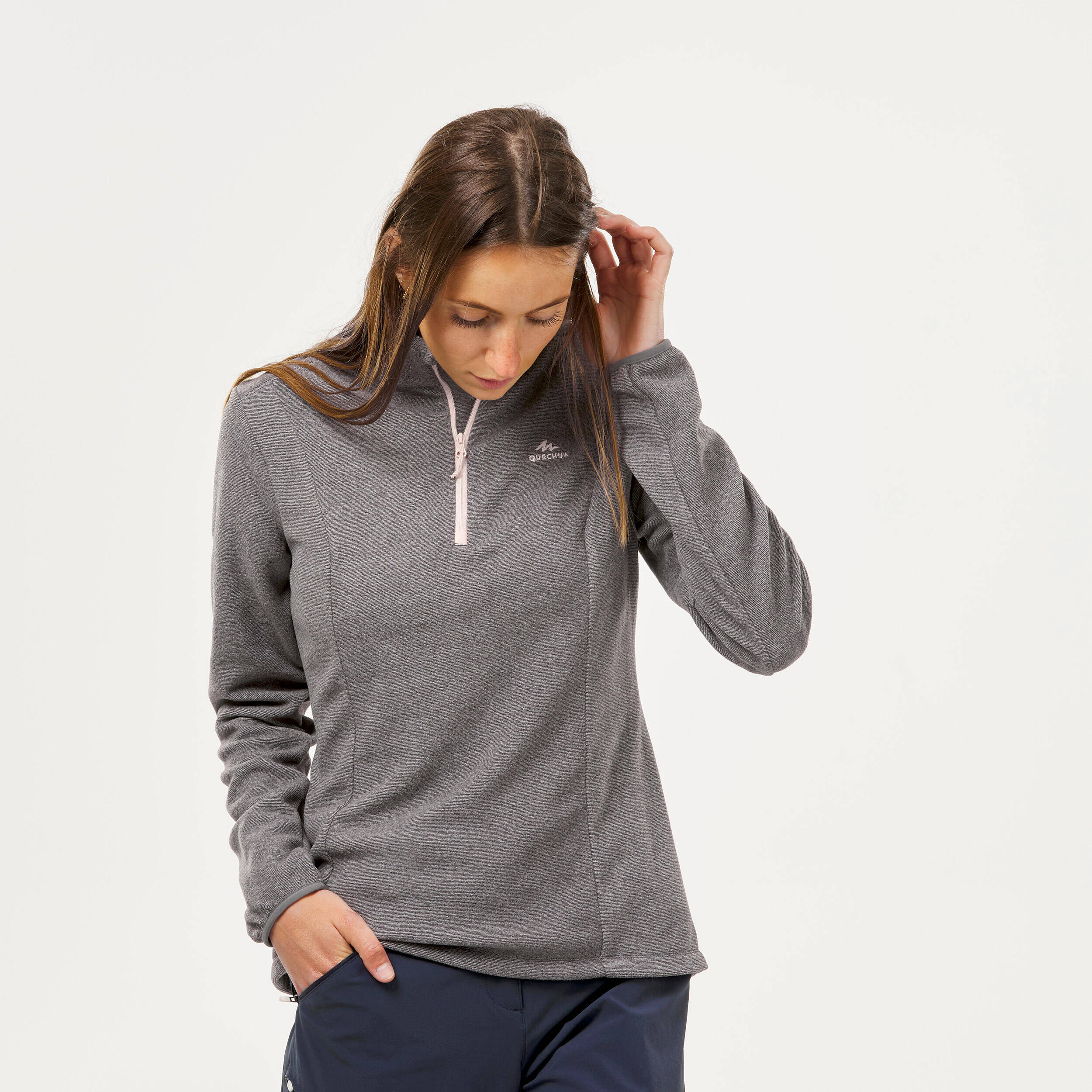 Women Sweater Half-Zip Fleece for Hiking MH100 Grey