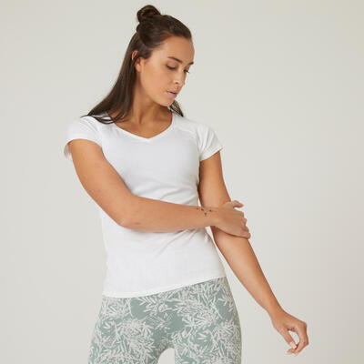 T-shirt donna fitness 500 slim misto cotone bianca