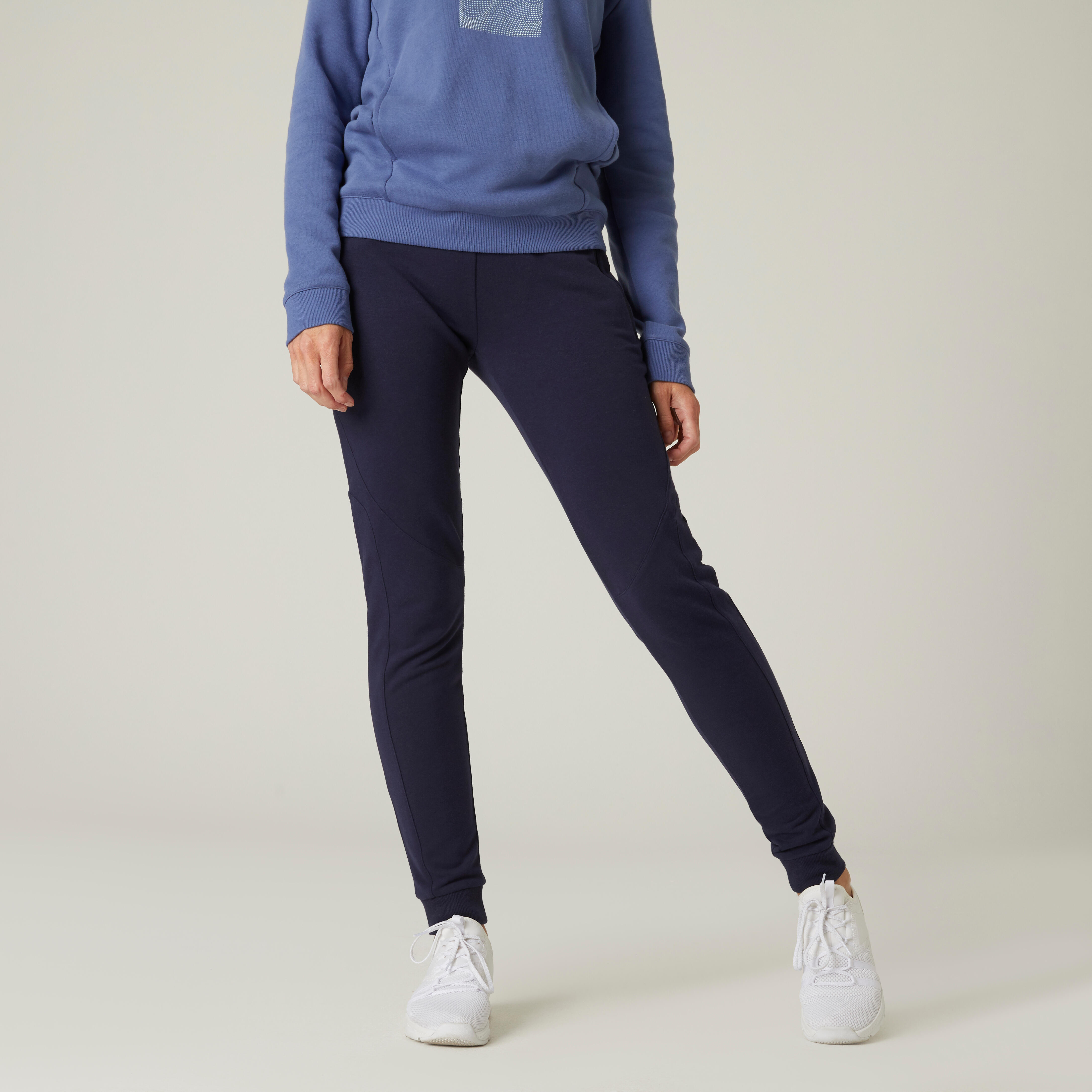 Pantalón de fitness tipo jogger para mujer - Mayoritariamente algodón -  Corte ajustado - 520 - Azul marino - Decathlon