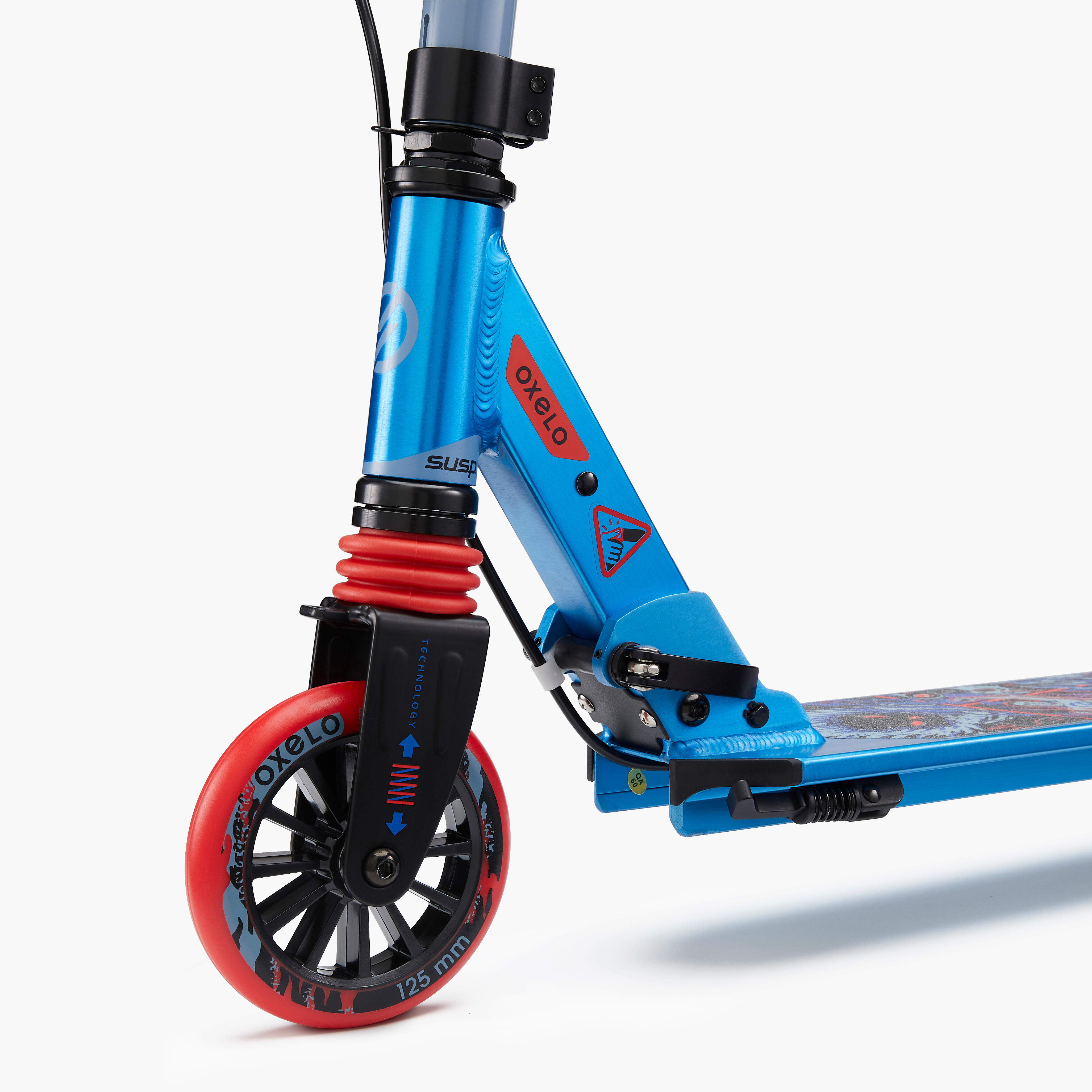 TROTTINETTE ENFANT MID 5 AVEC FREIN AU GUIDON ET SUSPENSION GRAPHISME BLEU - OXELO