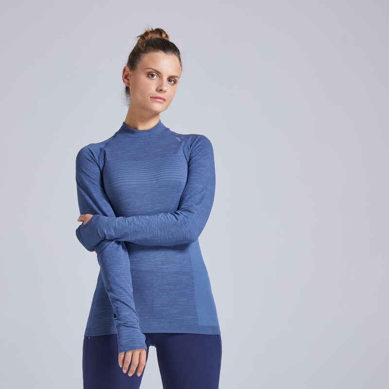 Laufshirt langarm Kiprun Skincare Damen schieferblau