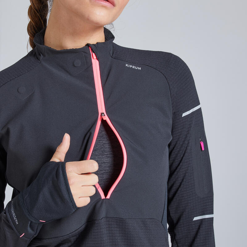 CAMISOLA DE CORRIDA INVERNO MULHER KIPRUN WARM REGUL PRETO/CORAL