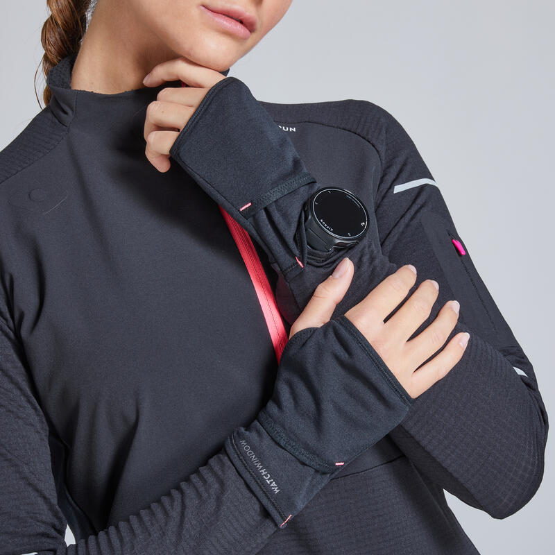 CAMISOLA DE CORRIDA INVERNO MULHER KIPRUN WARM REGUL PRETO/CORAL