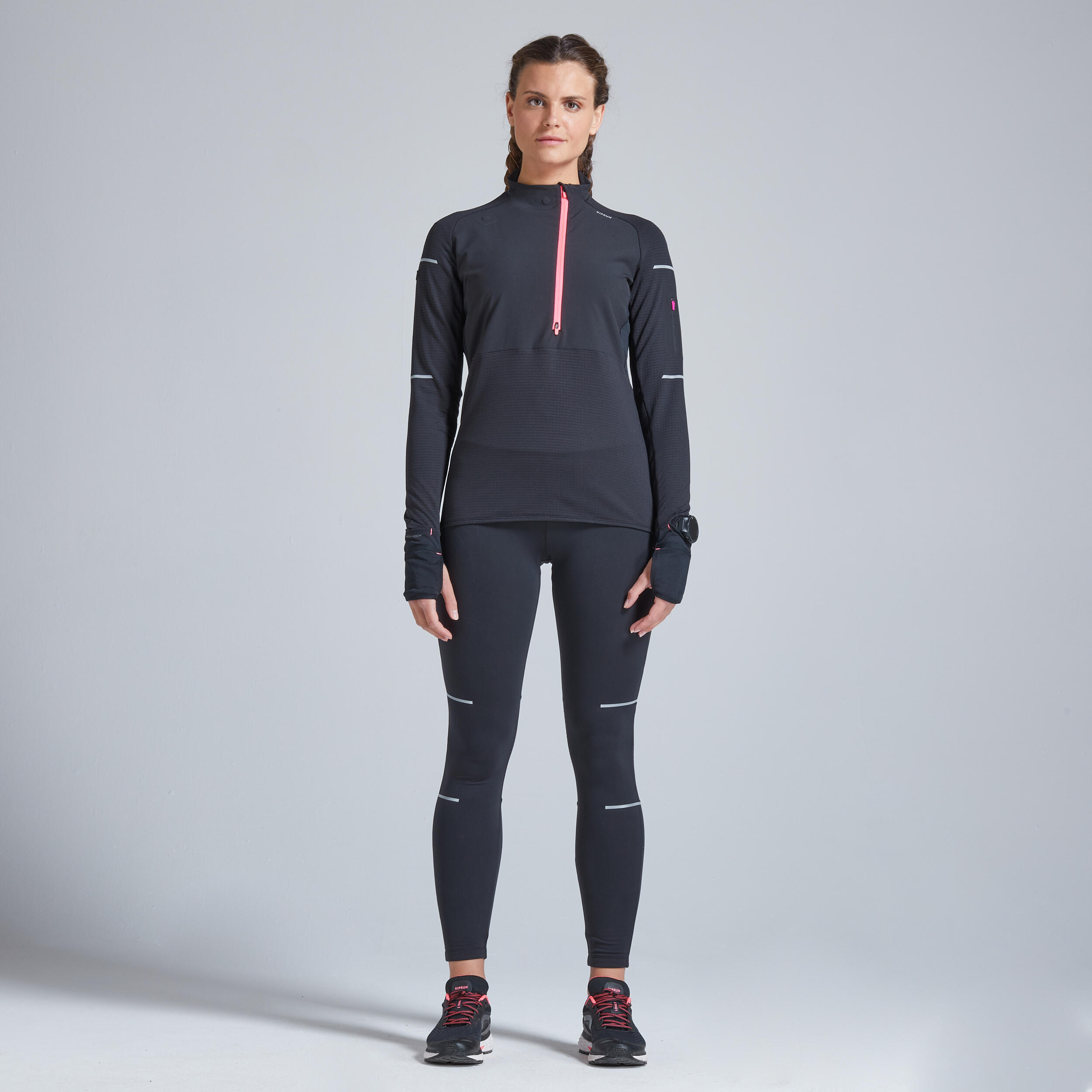 Decathlon | Maglia maniche lunghe running donna KIPRUN WARM REGUL nero-rosa |  Kiprun
