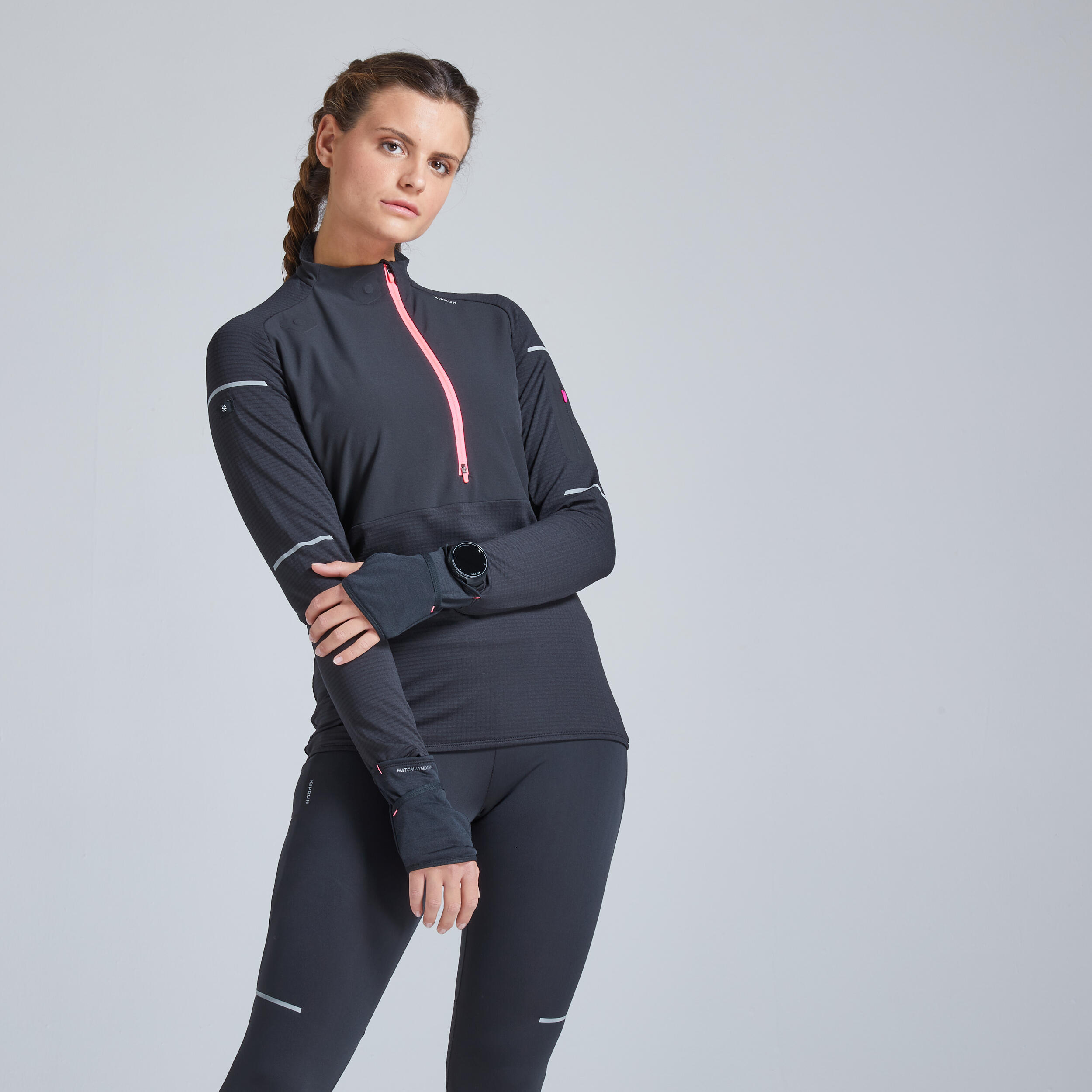 Hardloopshirt voor dames winter Warm regular lange mouwen zwart koraal