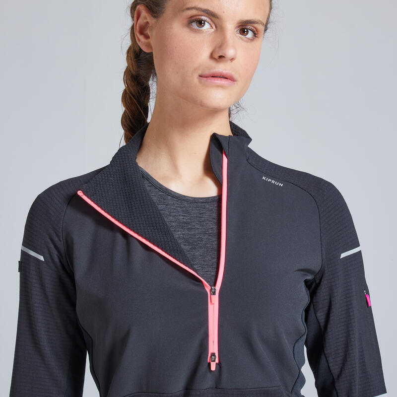 CAMISOLA DE CORRIDA INVERNO MULHER KIPRUN WARM REGUL PRETO/CORAL