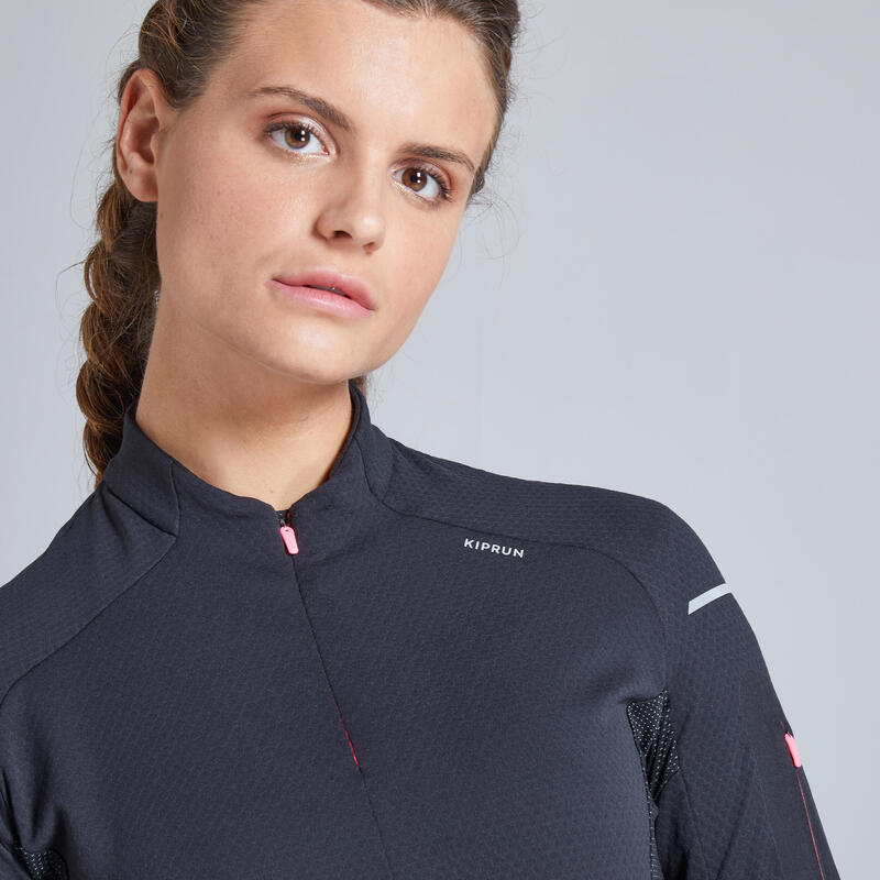 Maglia manica lunga running donna KIPRUN WARM LIGHT nero-rosa