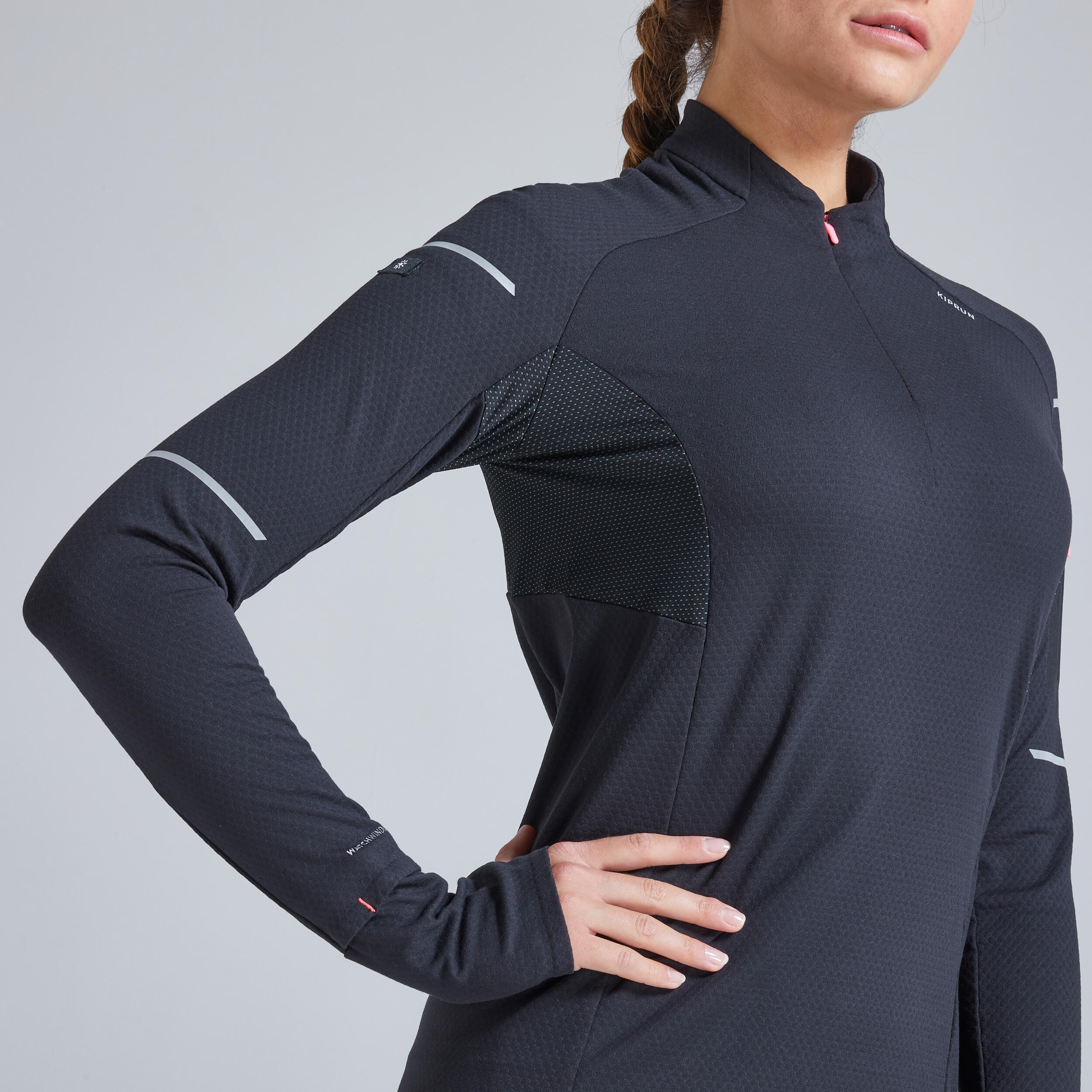 Women's Long-Sleeved Running T-Shirt - Warm Black/Pink - Black - Kiprun -  Decathlon