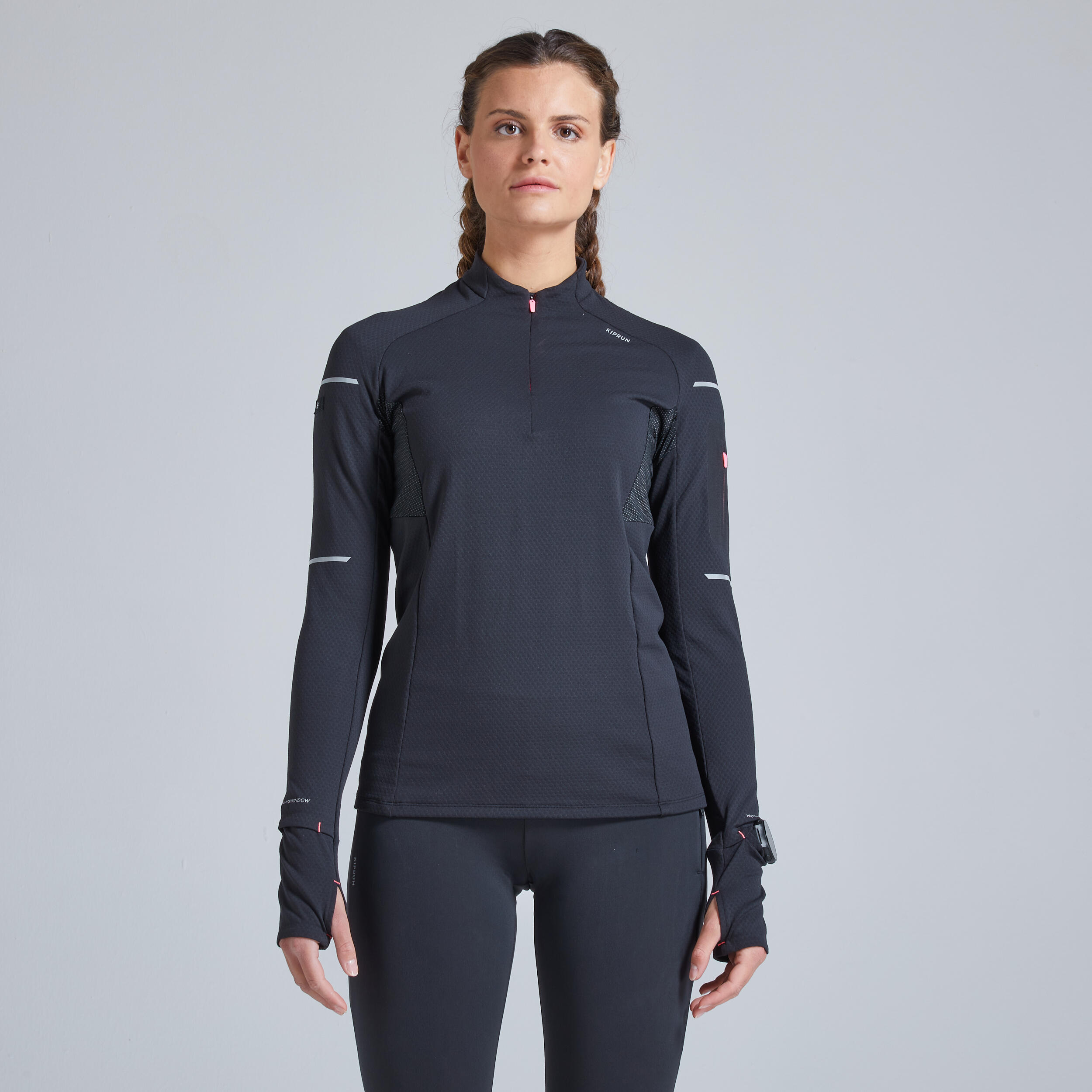 Kiprun - Tee Shirt Running Manches Longues Hiver Femme Kiprun Warm Light Noir Rose - T-shirt Manches Longues - Running Trail Athletisme - Noir - 44l -