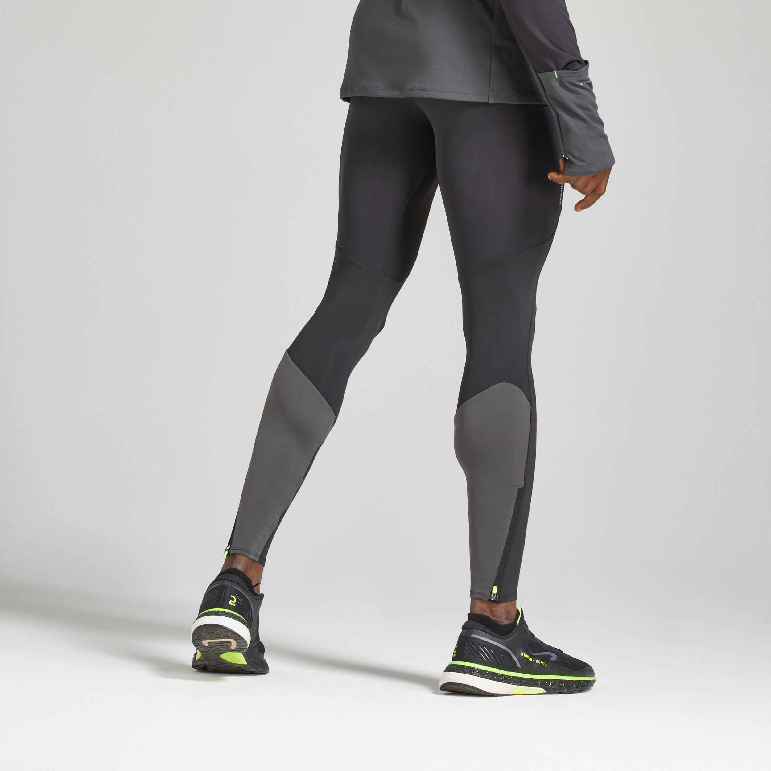 Men's Running Leggings - Warm Black/Grey - Black, Carbon grey, Fluo lime  yellow - Kiprun - Decathlon