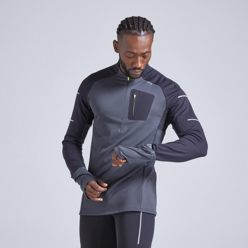 Maglia manica lunga running uomo KIPRUN WARM LIGHT nero-grigio-giallo