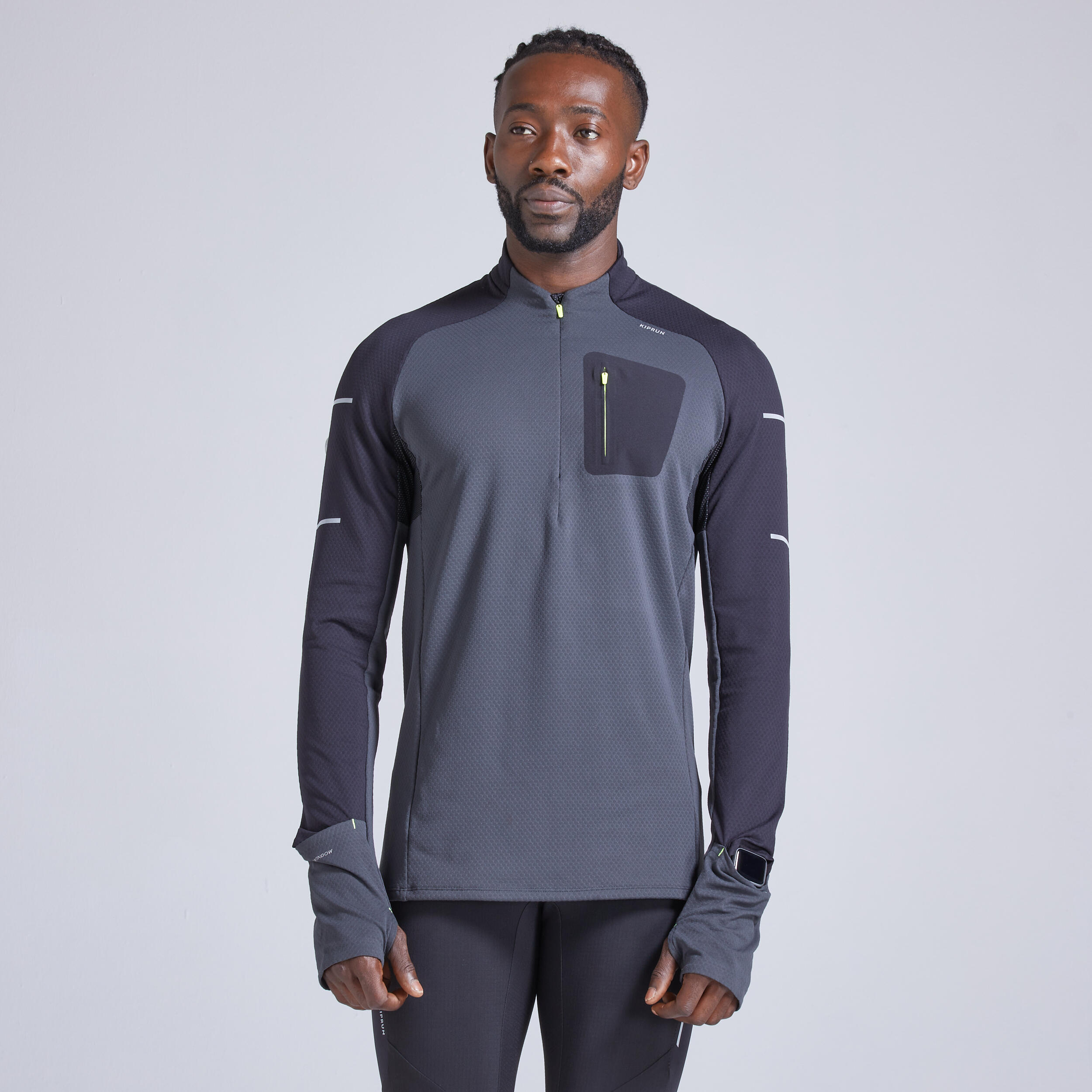 Image of Men's Warm Light Winter Running T-Shirt - Kiprun Long-Sleeved Grey