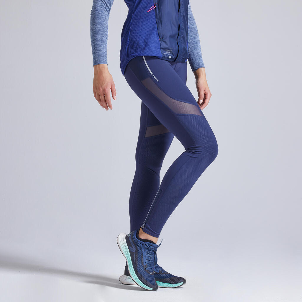 Laufhose lang Tights Stützeffekt Kiprun Support Damen marineblau