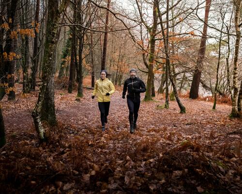 Deux personnes qui font de la course en sentier à l’automne