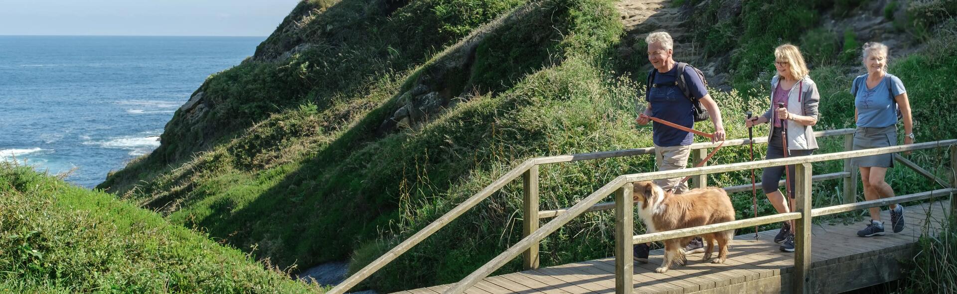 Friends and a dog walking together on a long, coastal path. One woman is using walking poles.