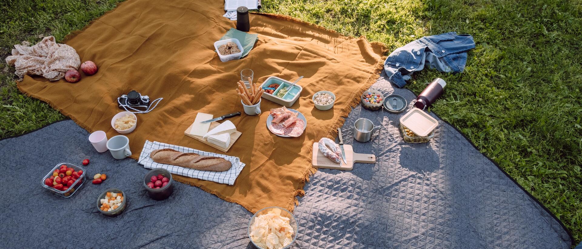 Camping food on a picnic rug