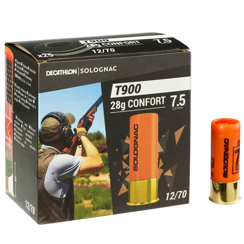 Clay Pigeon Shooting Cartridge T900 Comfort 28g 12 Gauge 70mm 7.5 Shot x25