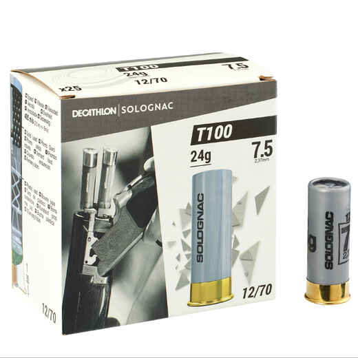 
      Clay Pigeon Shooting Cartridge T100 24g 12 Gauge 70mm 7.5 Shot x25
  