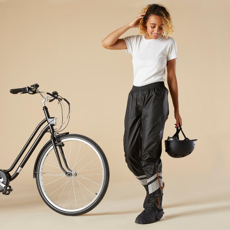 Sobrepantalón Ciclismo Urbano 540 Mujer Negro Impermeable Cubrecalzado Integrado