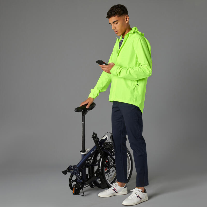 VESTE PLUIE VELO VILLE HOMME 120 JAUNE FLUO CERTIFIÉE EPI VISIBILITÉ JOUR