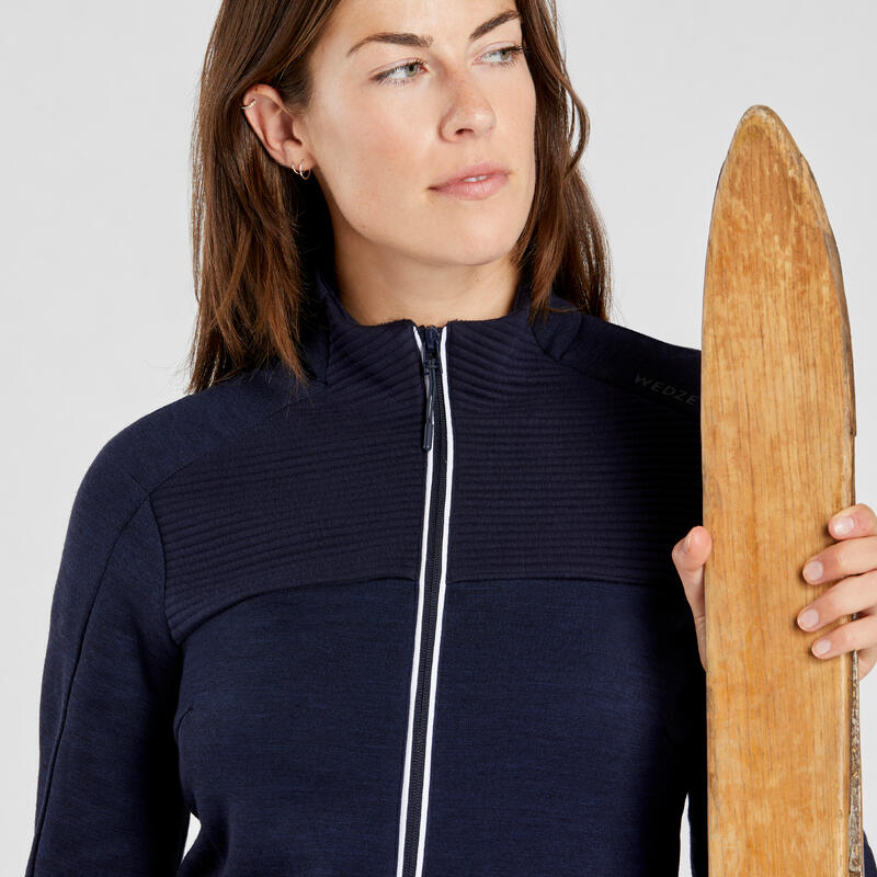 Casaco polar de ski em lã de merino mulher - 500 warm - azul marinho / branco